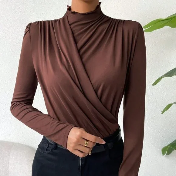 Brown Casual Womens Solid Ruched Mock Neck Tee - Picture 4 of 6